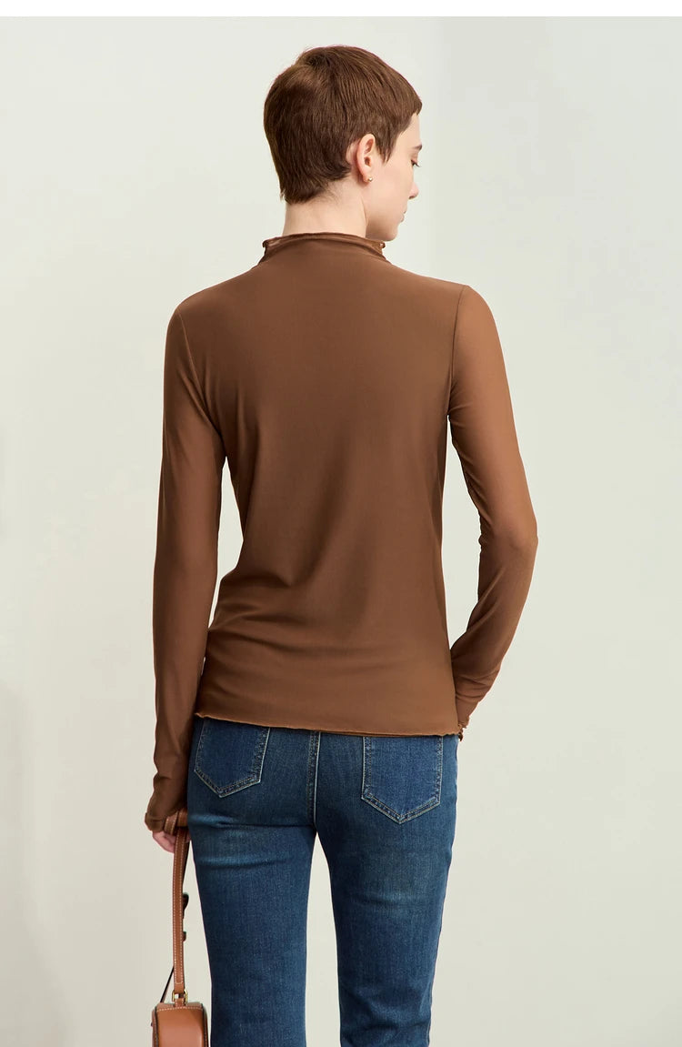 Damen Mesh-T-Shirt im minimalistischen Design mit halbhohem Ausschnitt
