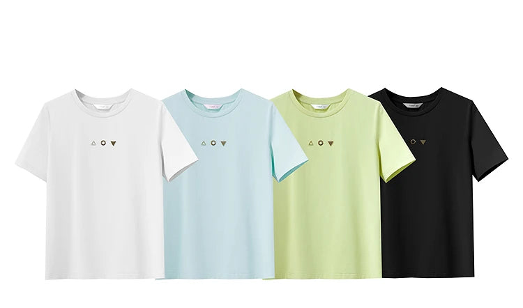 Damen T-Shirt mit O-Ausschnitt und geometrischer Dekoration aus antibakterieller Baumwolle