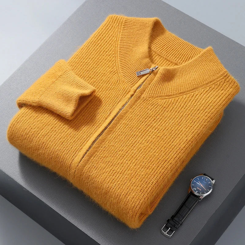 Pullover aus 100 % reinem Nerz-Kaschmir für Herren, Stehkragen, verdickte Strickjacke, Herbst/Winter, warm, lässig, gestrickt, große Oberteile mit Reißverschluss