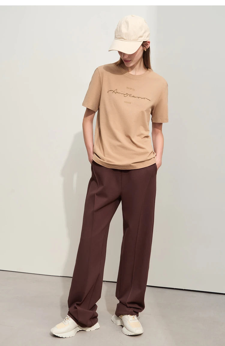 Damen T-Shirts im Minimalismus-Stil mit Kurzarm und Buchstaben-Stickerei