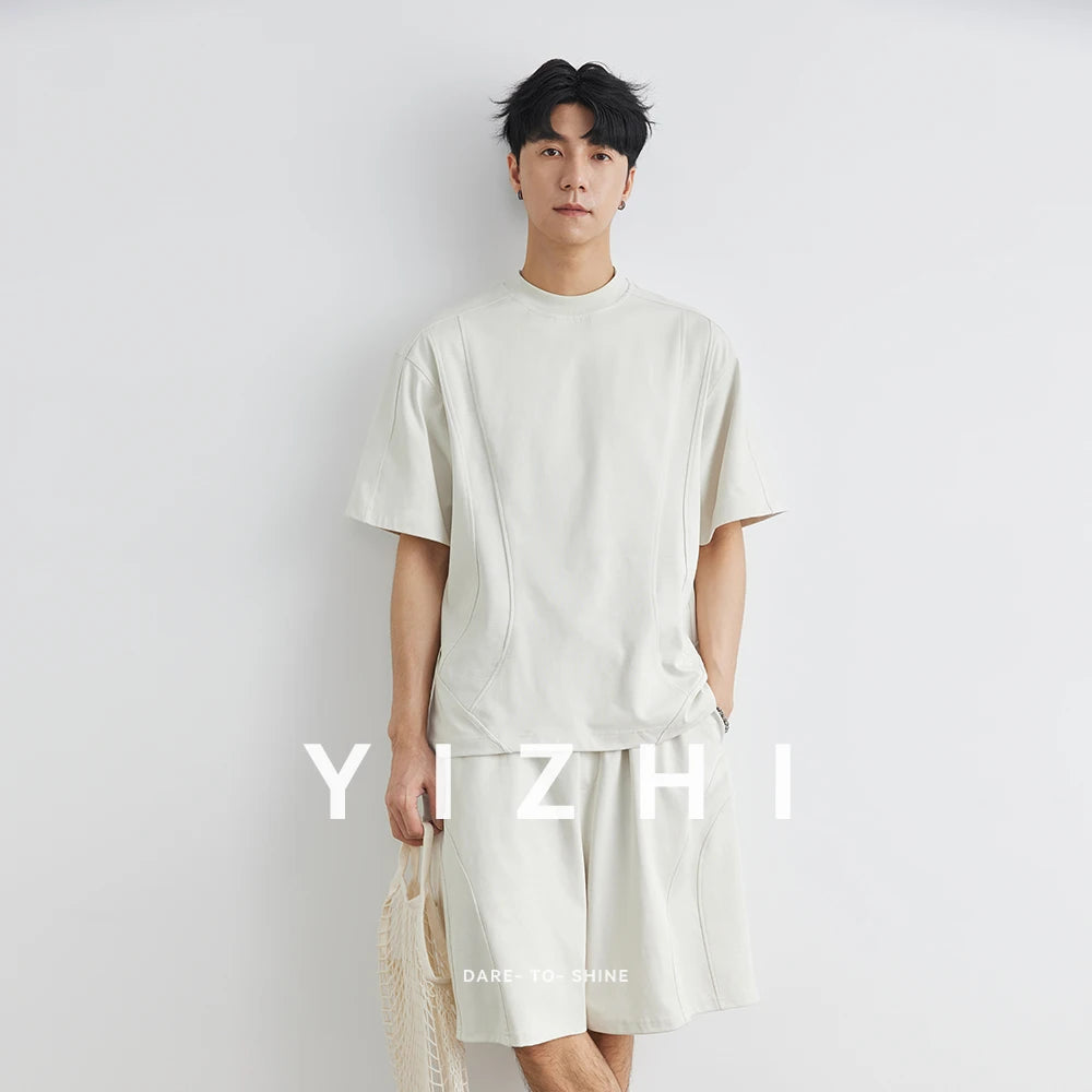Männer Sport Anzug mit einfarbigem Rundhals T-Shirt und Kordelzug Shorts