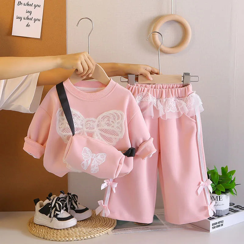Mädchen Hoodie Set mit Bogen und breiten Beinhosen für Herbst 1-6 Jahre