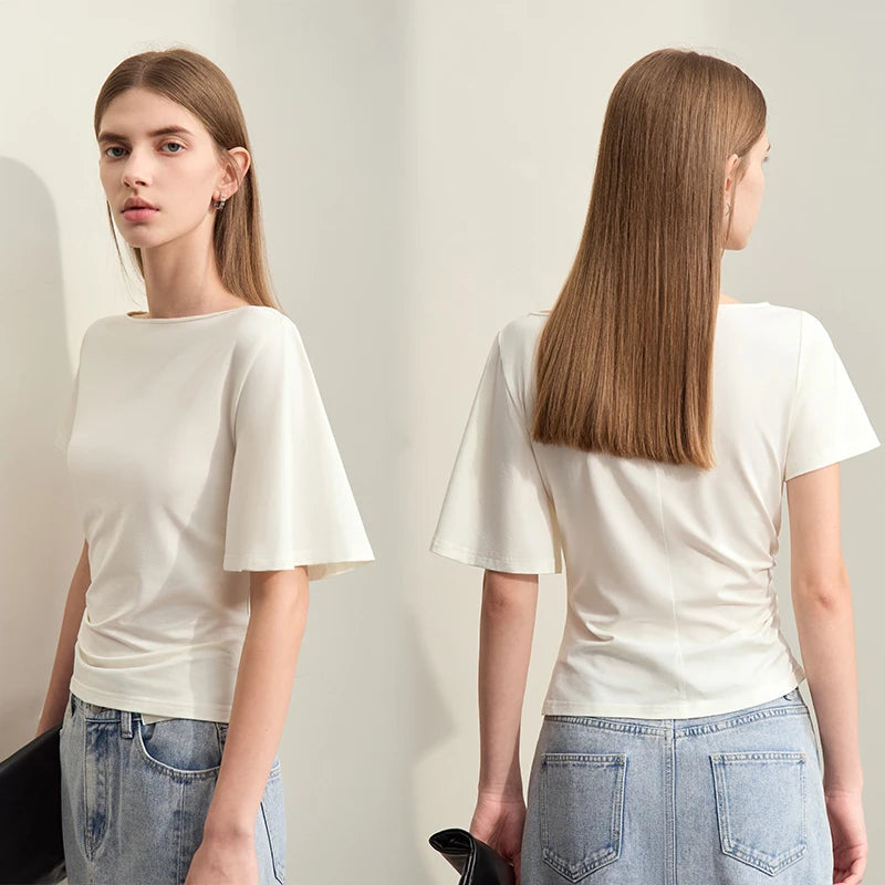 Damen T-Shirt im Minimalismus-Stil mit asymmetrischem Slash Neck und Raffen