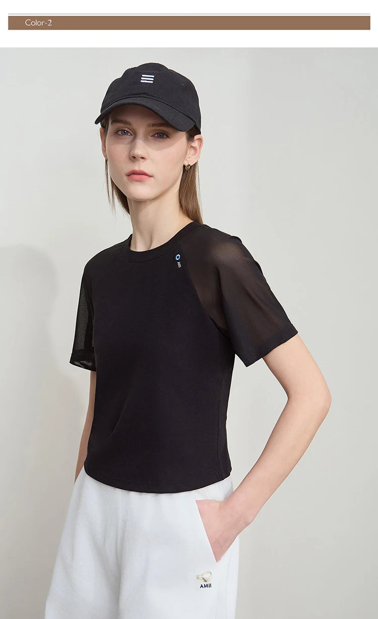 Damen T-Shirt im Casual-Stil mit gesticktem Rundhals und kurzen Ärmeln