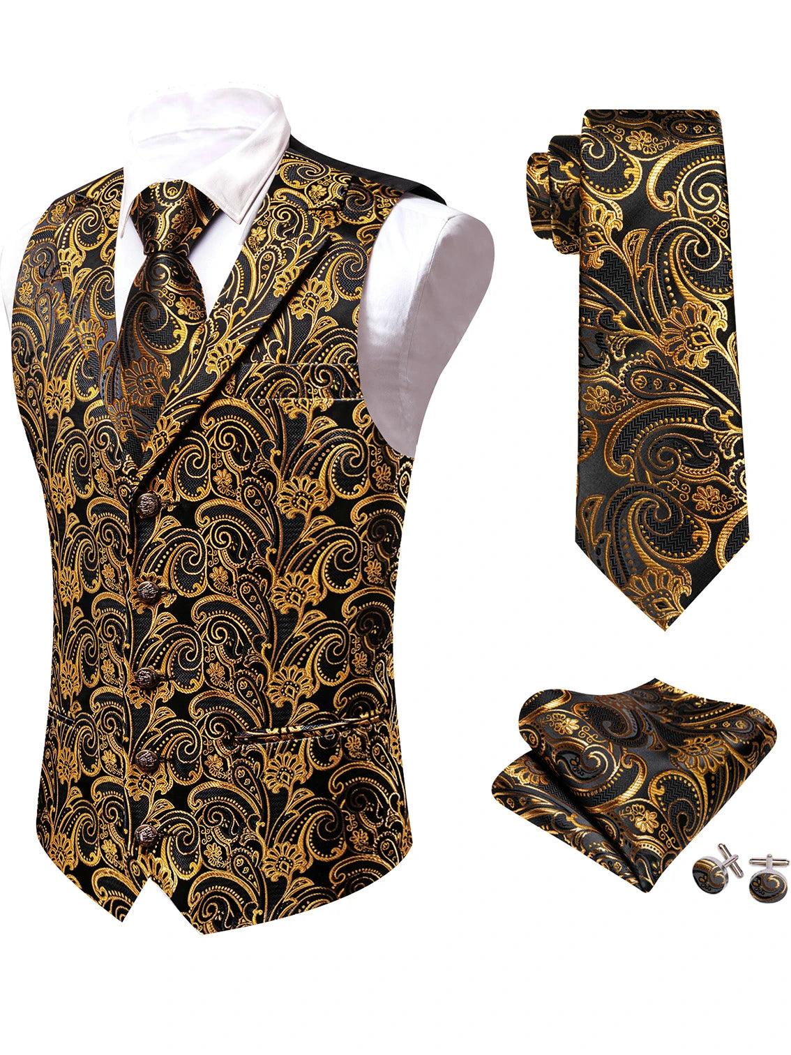 Set aus Herrenweste, Krawatte und Einstecktuch mit schwarzem Jacquard-Paisley in Gold