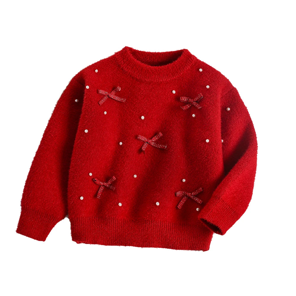 Mädchen Pullover mit niedlichem Bogen und Perlen für die Herbstsaison