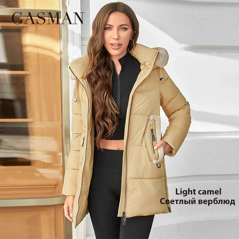 Lange Damen-Winterdaunenjacke mit klassischem Design und Reißverschlusstaschen – Freizeit-Parka in Uni-Farben und großen Größen