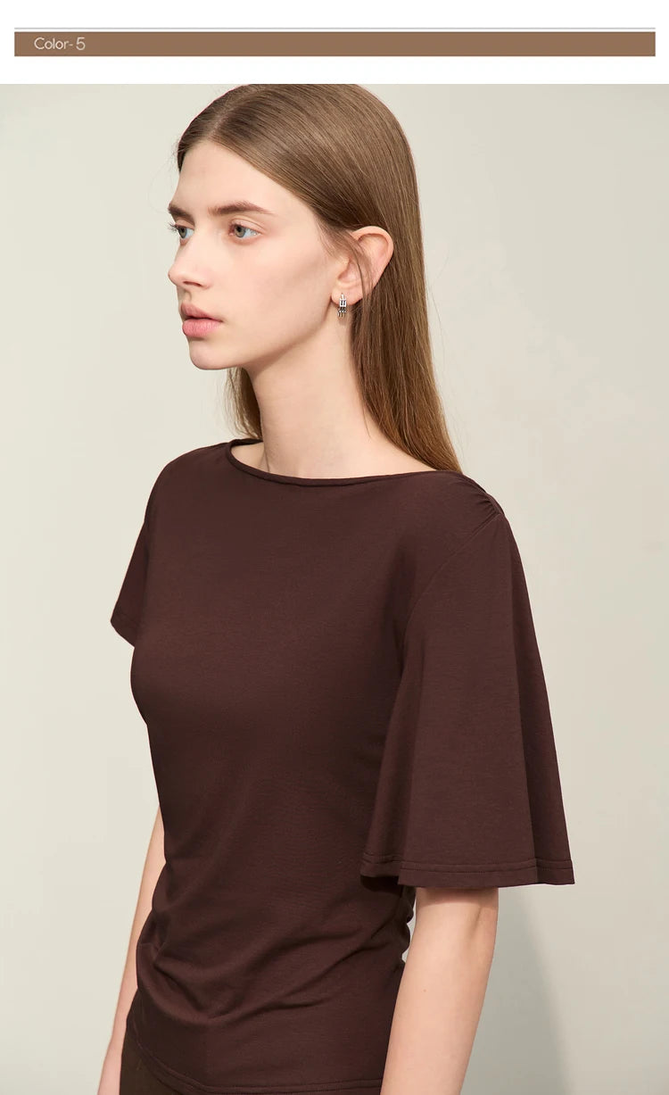 Damen T-Shirt im Minimalismus-Stil mit asymmetrischem Slash Neck und Raffen