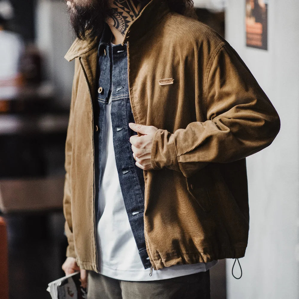 Herren Retro Cord Jacke mit Stehkragen und lässigen Taschen für Herbst