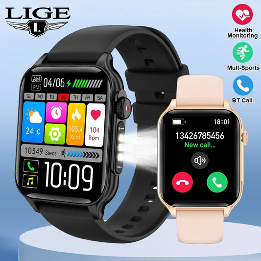 LIGE Neue Für Huawei Xiaomi Smart Uhr Männer Taschenlampe Wasserdichte Outdoor Sport Tracker Bluetooth Anruf Smartwatch 1,96 "bildschirm