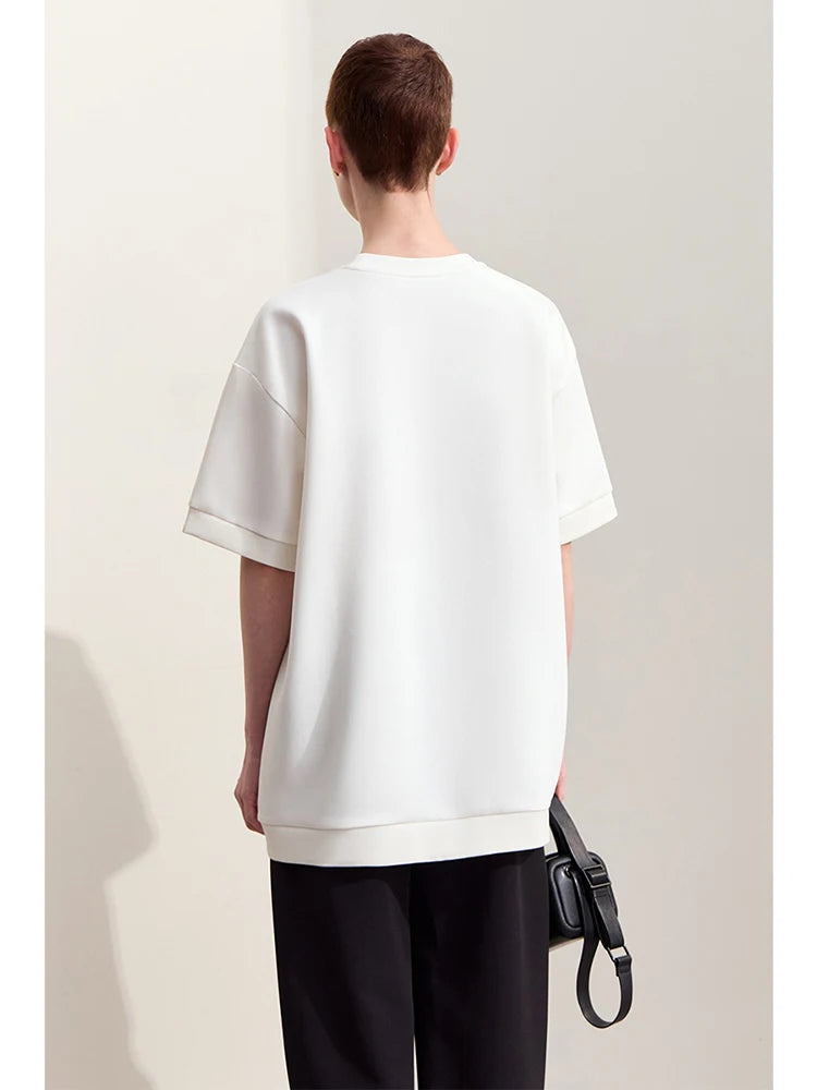 Damen T-Shirts im Minimalismus-Stil mit losem Patchwork und Dekoration