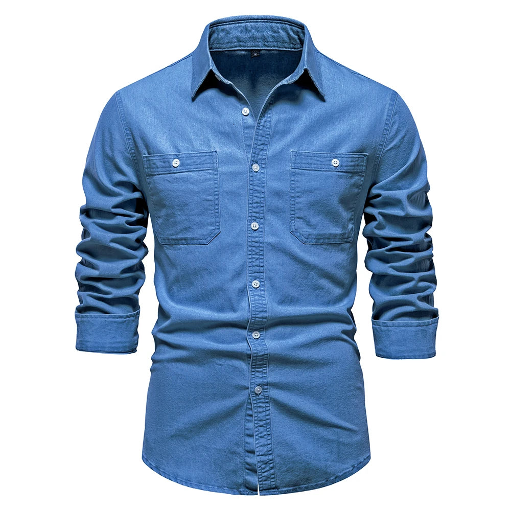 Herren Hemd aus Baumwolle im einfarbigen Denim-Look mit Tasche