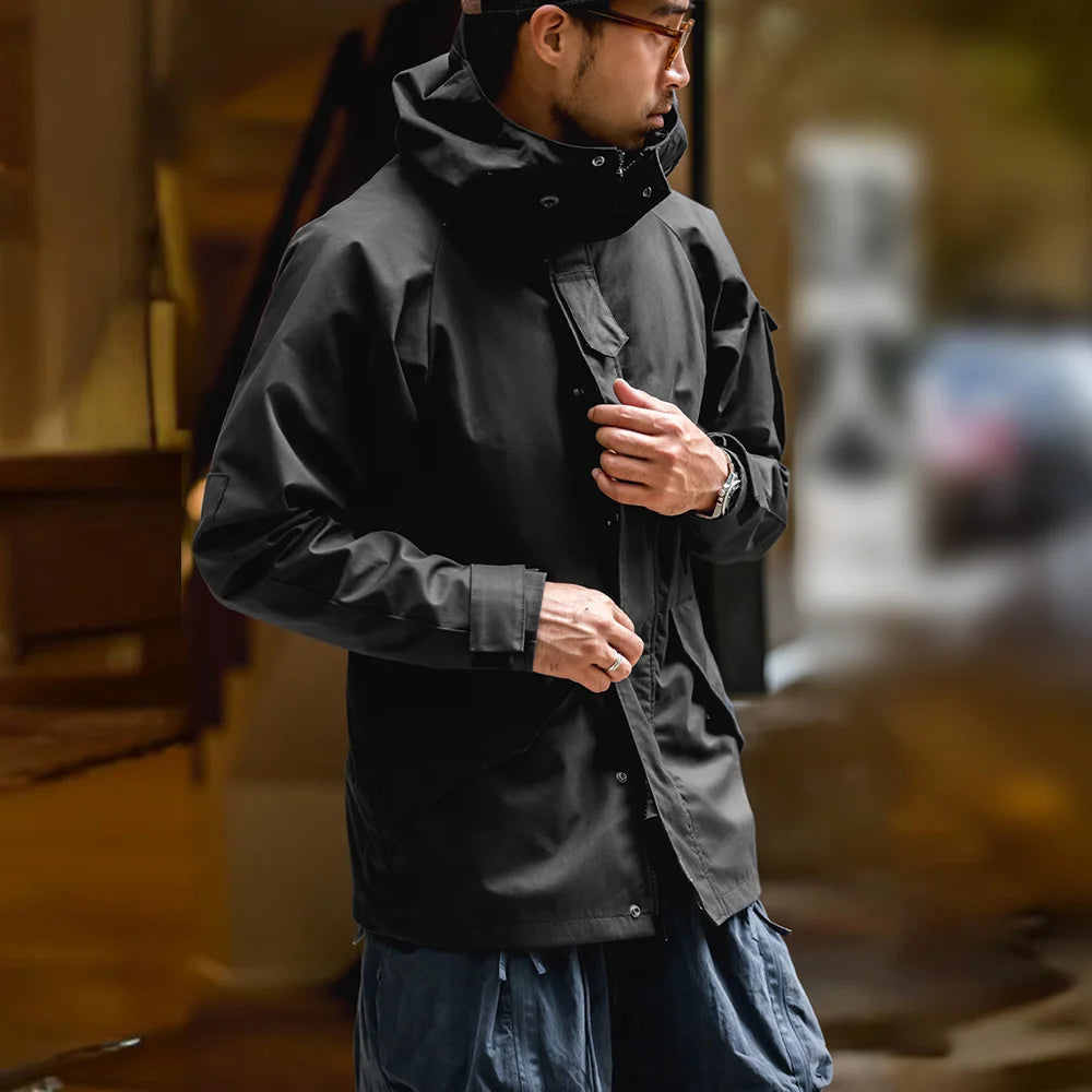 Herren Outdoor Sport Kapuzenjacke Windjacke Motorrad Stil Mittellanger Mantel Taschen Herbst