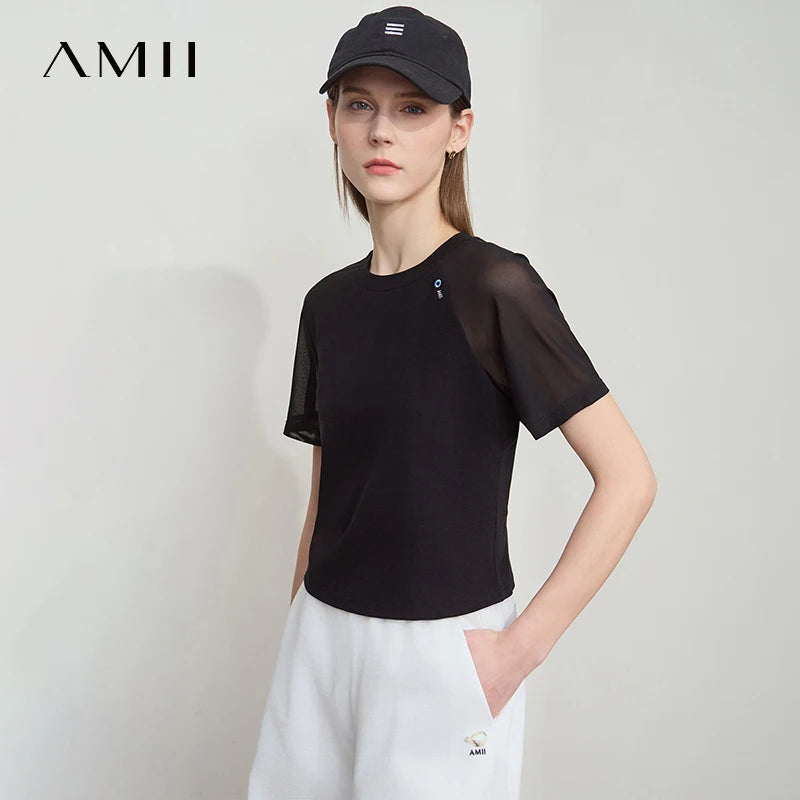 Damen T-Shirt im Casual-Stil mit gesticktem Rundhals und kurzen Ärmeln