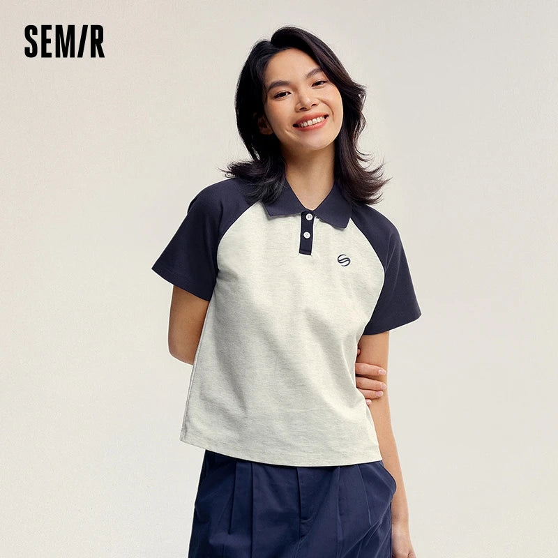 Semir Frauen Polos hirt Sommer neue Farbe Blocking Schulter fallende Ärmel American Retro Top strukturierte Kleidung Trend