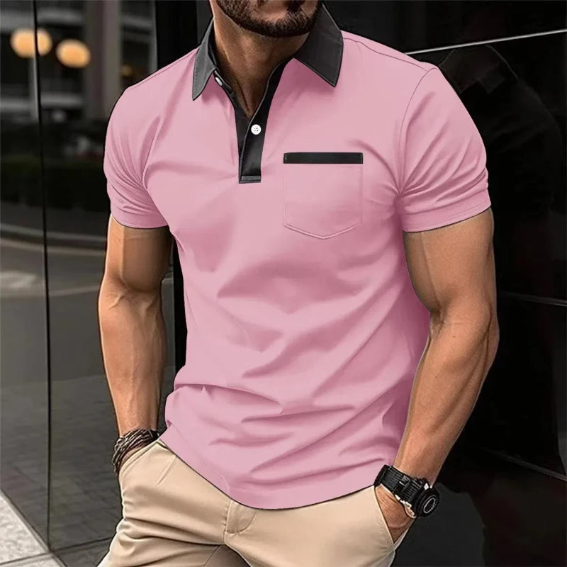 Herren-Casual-Poloshirt mit V-Ausschnitt und Knopfleiste – gestreiftes, vielseitiges Business-T-Shirt