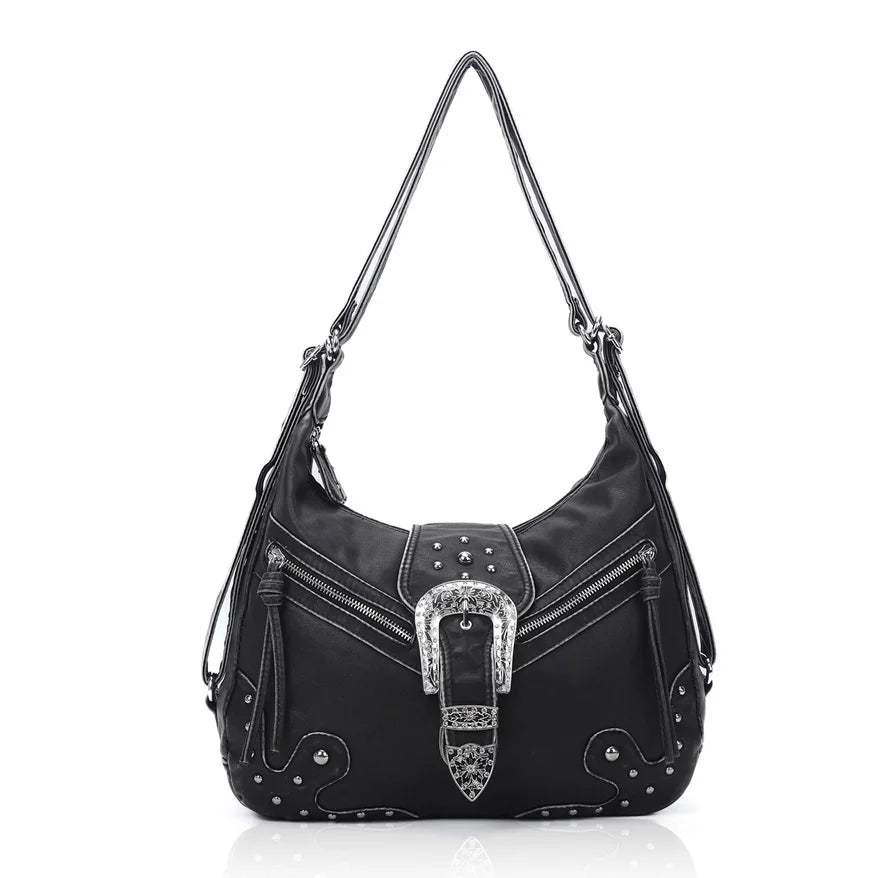 Schultertasche Damen aus PU-Leder, schwarz, mit Top-Griff und Reißverschluss, mehrere Fächer