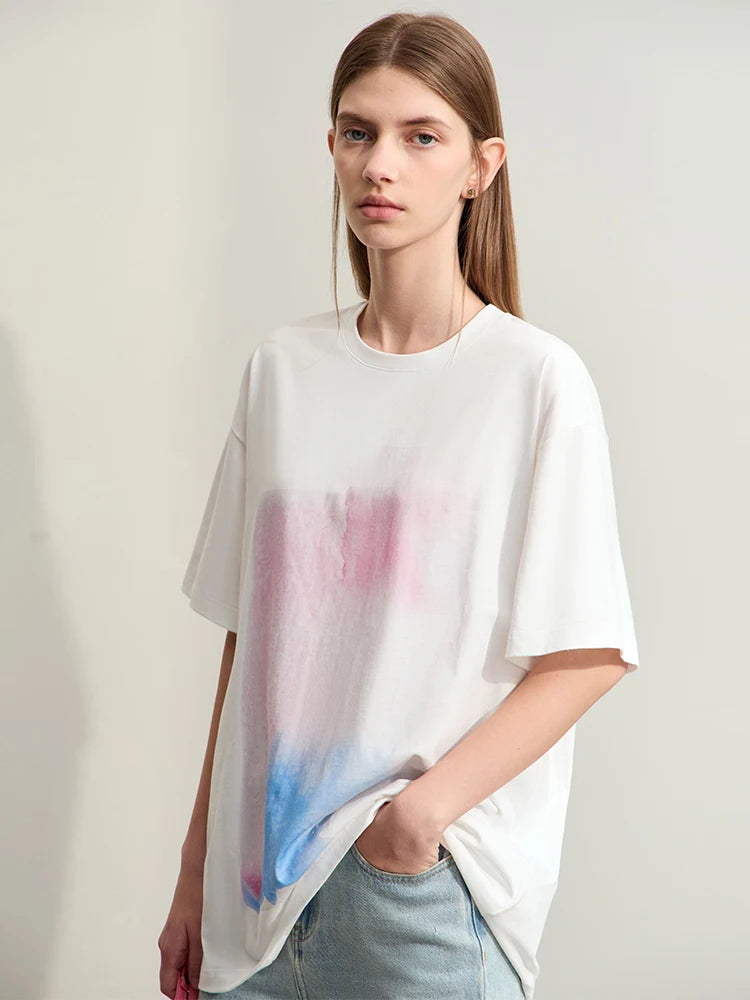 Damen T-Shirts im Minimalismus-Stil mit abstraktem Druck aus Baumwolle