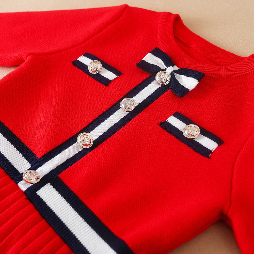Mädchen Pullover Kleid Lange Ärmel 2024 Neue Strickkleidung Rundhals Prinzessin Kleid Adrette Kinder Schleife Strickwaren