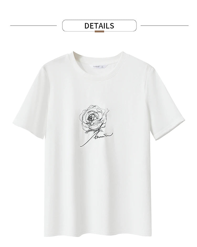 Damen Kurzarm-T-Shirt im minimalistischen Stil mit O-Ausschnitt und Stickerei