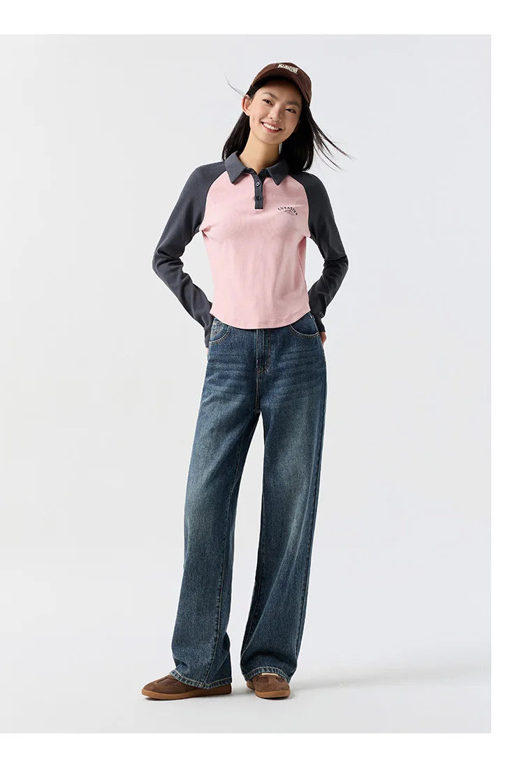 Semir Poloshirt für Damen, kurzer Stil, schmal, farbblockiert, Raglanärmel, 2024, Frühjahr, neues Oberteil mit Buchstabendruck