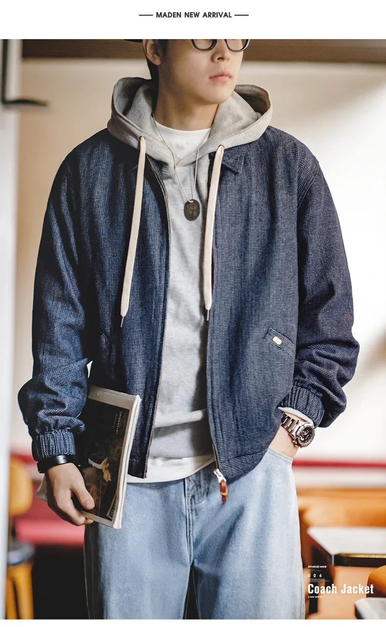 Herren Vintage-Jeansjacke Lockere Passform Revers-Reißverschlussjacke Kurze Blaue Mäntel