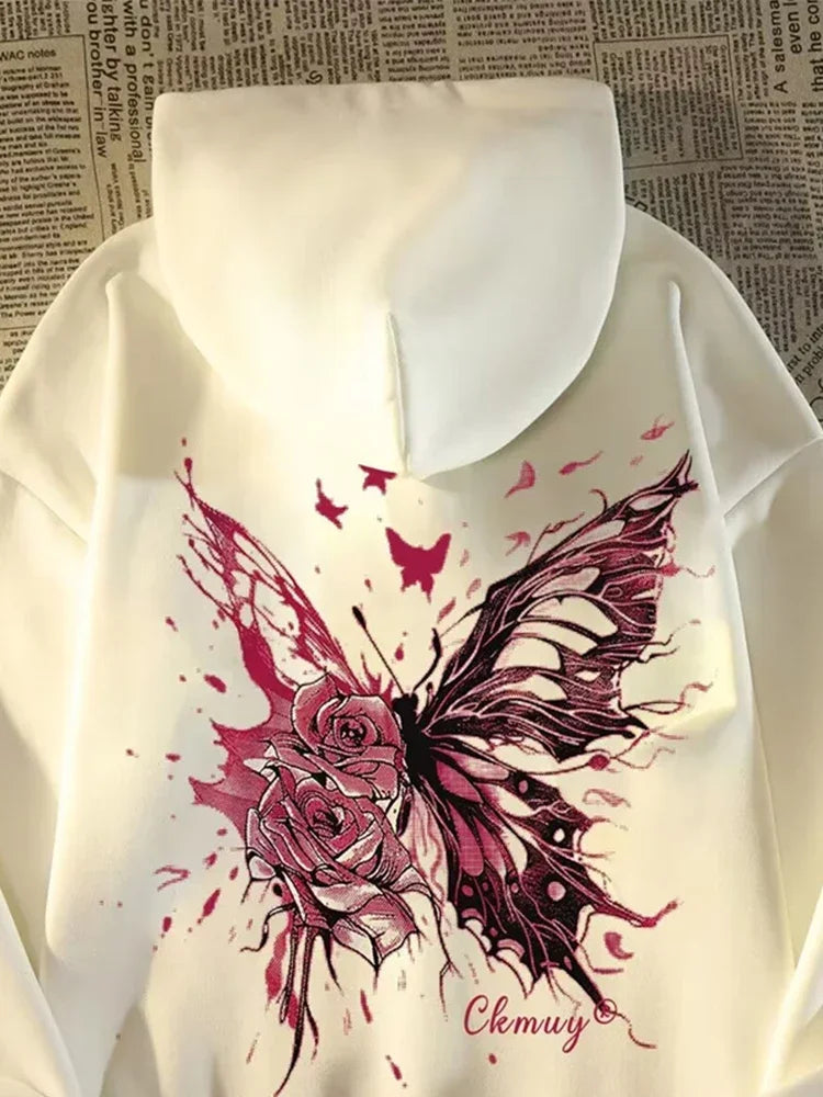 Herren Hoodie mit kreativer Schmetterling Rose Grafik im Hip Hop Stil