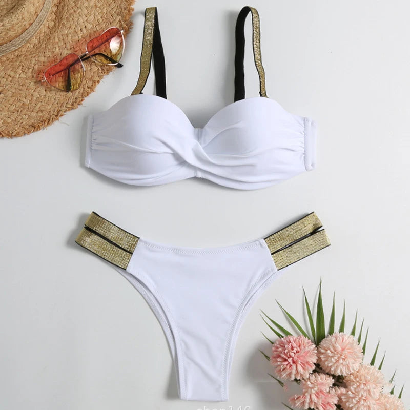 Sexy Bikini-Set in Rosenrot mit Strasssteinen – Push-Up-Badeanzug für Damen am Strand oder Pool