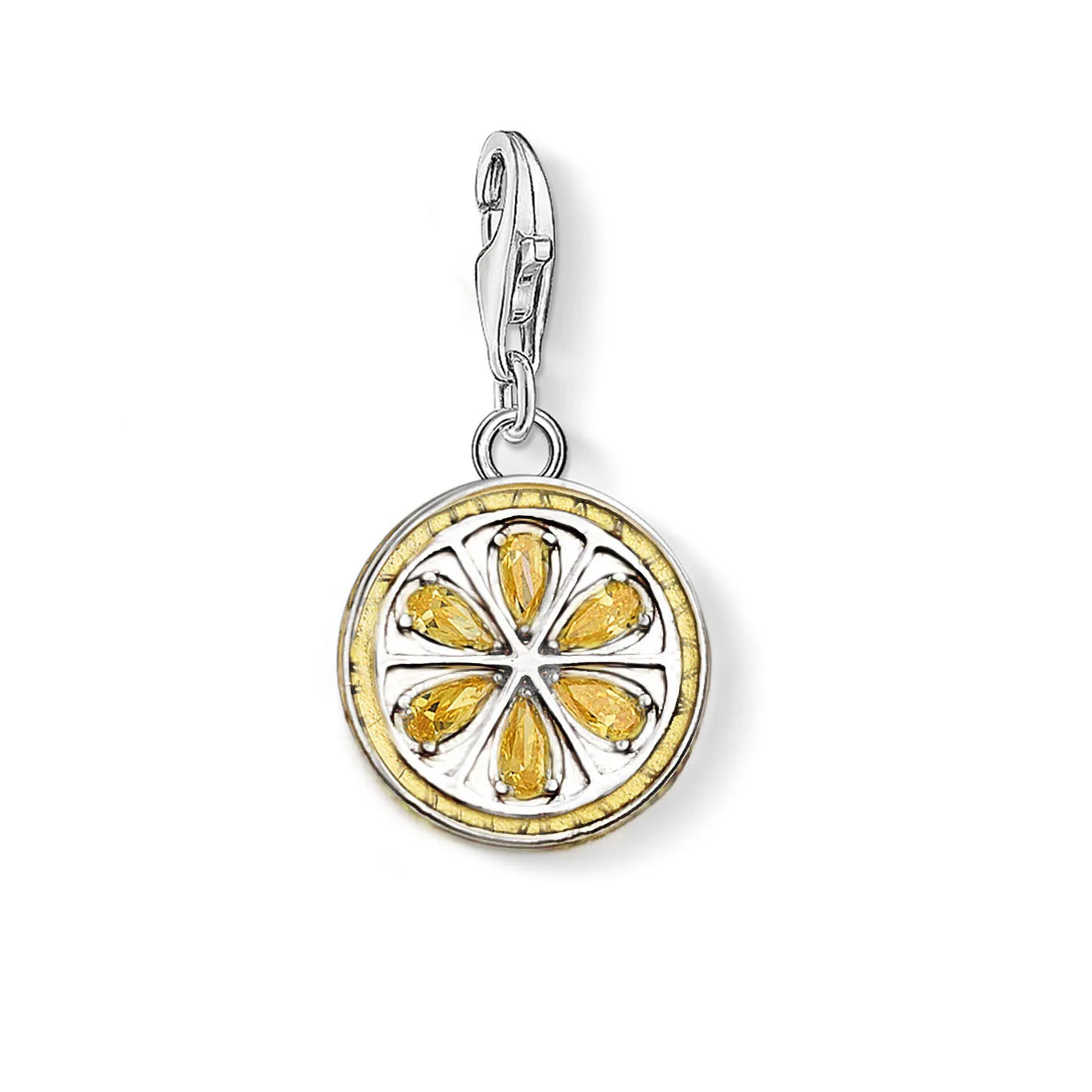 Baumelnder Anhänger aus Sterlingsilber mit rundem gelbem Zitronenmotiv (Seitenansicht)