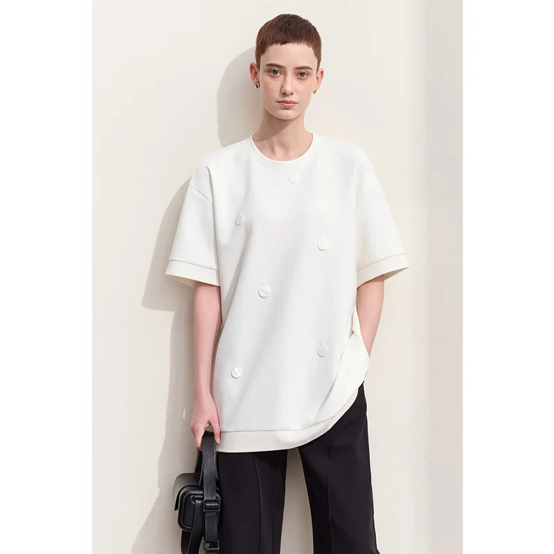 Damen T-Shirts im Minimalismus-Stil mit losem Patchwork und Dekoration