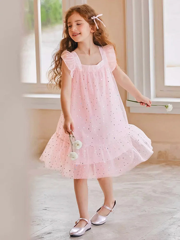 Rosa Prinzessinnen-Kleid für Mädchen mit Pailletten und Gaze – Sommerliches Partykleid für Kinder von 3 bis 12 Jahren