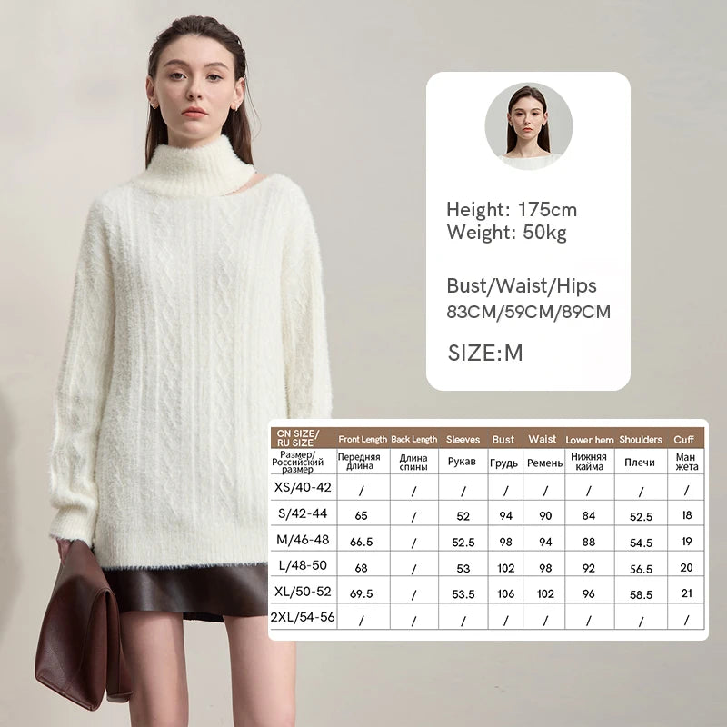 Damen-Rollkragenpullover Hohlstrick Viskose locker lang Raglan Herbst