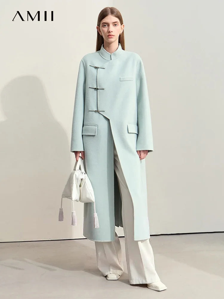 Damen Langer Mantel aus Wolle im minimalistischen chinesischen Stil mit Taschen