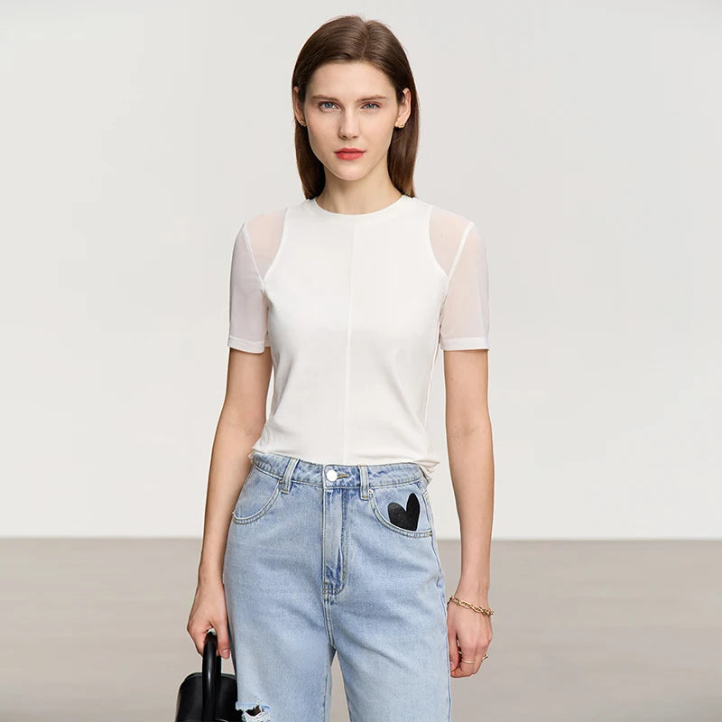 Damen T-Shirt aus mercerisierter Baumwolle mit kurzen Ärmeln im minimalistischen Stil