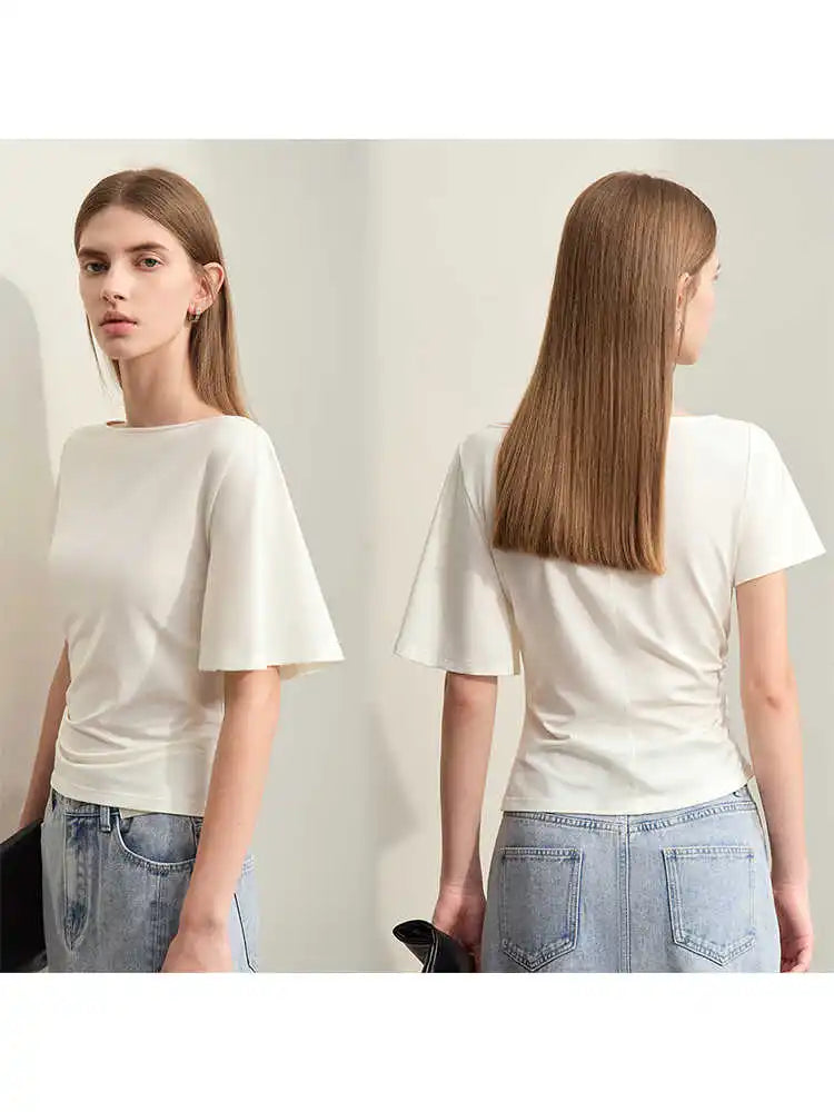 Damen T-Shirt im Minimalismus-Stil mit asymmetrischem Slash Neck und Raffen