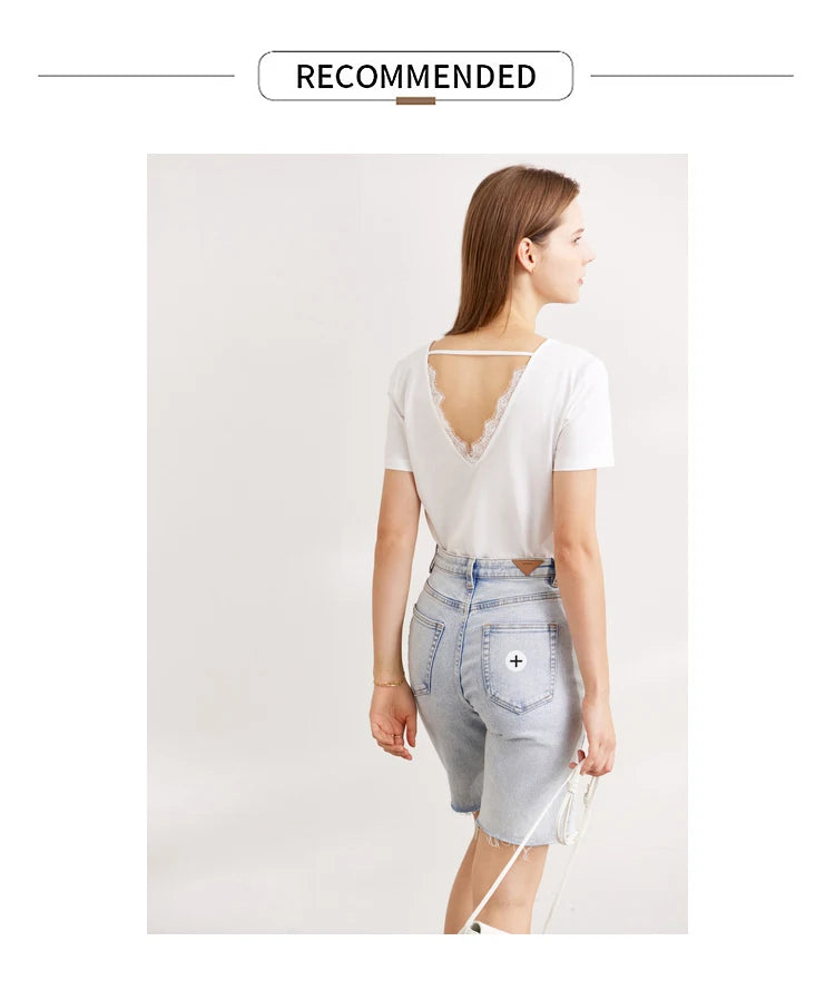 Damen T-Shirt aus mercerisierter Baumwolle mit V-Ausschnitt und Spitzen-Detail