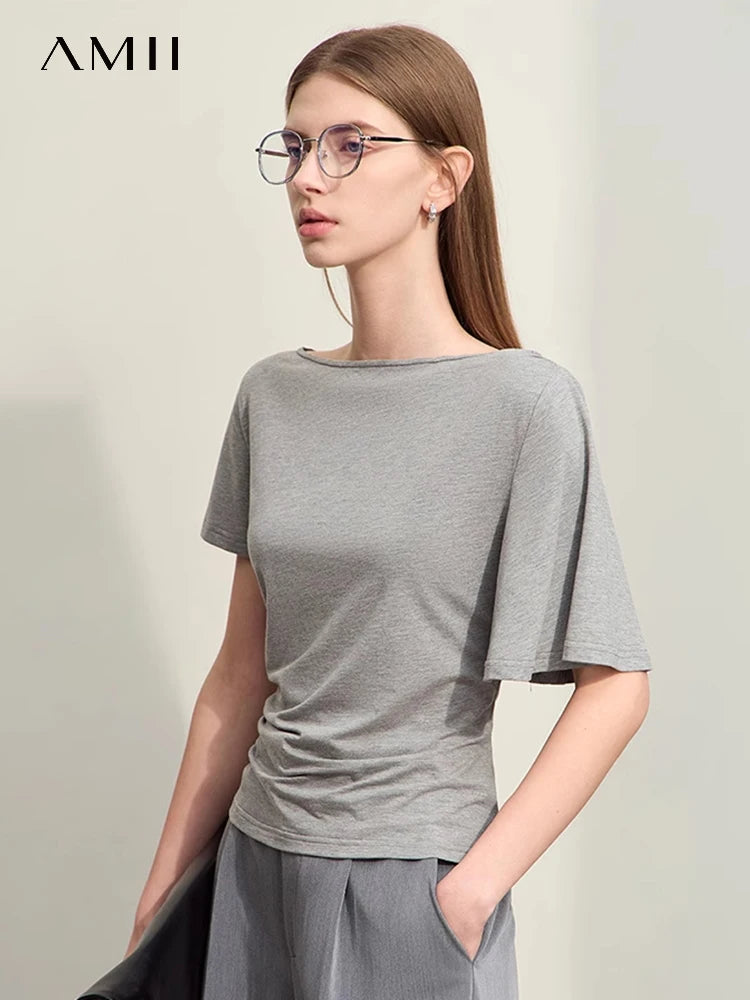 Damen T-Shirt im Minimalismus-Stil mit asymmetrischem Slash Neck und Raffen
