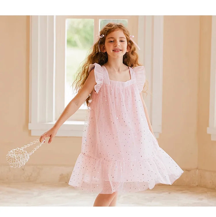 Rosa Prinzessinnen-Kleid für Mädchen mit Pailletten und Gaze – Sommerliches Partykleid für Kinder von 3 bis 12 Jahren