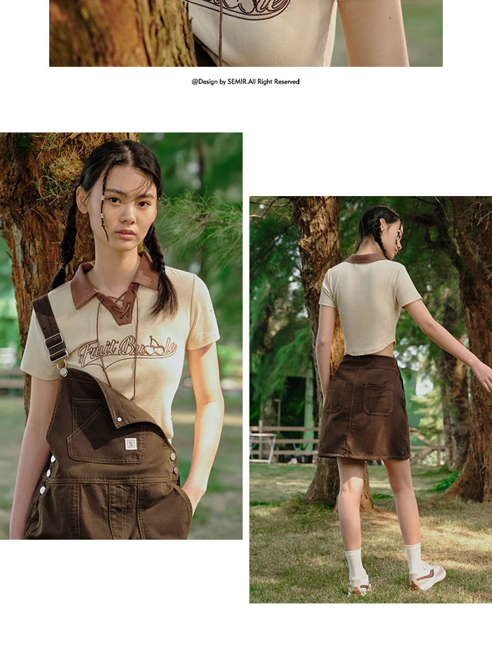 Semir Polo Shirt Frauen Kurzarm Frühling bestickt süß cool Retro Sommer T-Shirt neue Kontrast farbe enges Polo-Shirt