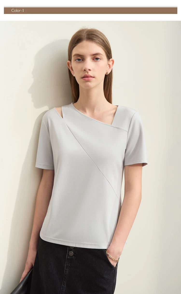 Damen T-Shirts im Minimalismus-Stil mit asymmetrischem V-Ausschnitt und kurzen Ärmeln