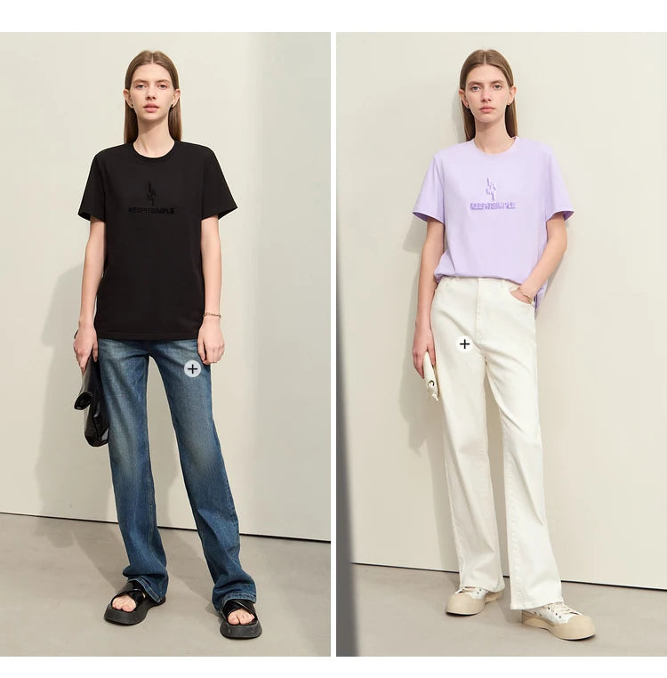 Damen T-Shirt im minimalistischen Stil mit modischer Stickerei und O-Ausschnitt