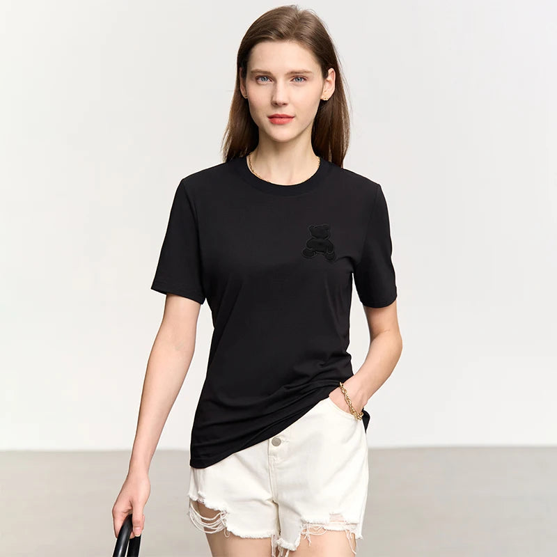 Damen Top im minimalistischen Stil mit Bären-Applikation und O-Ausschnitt