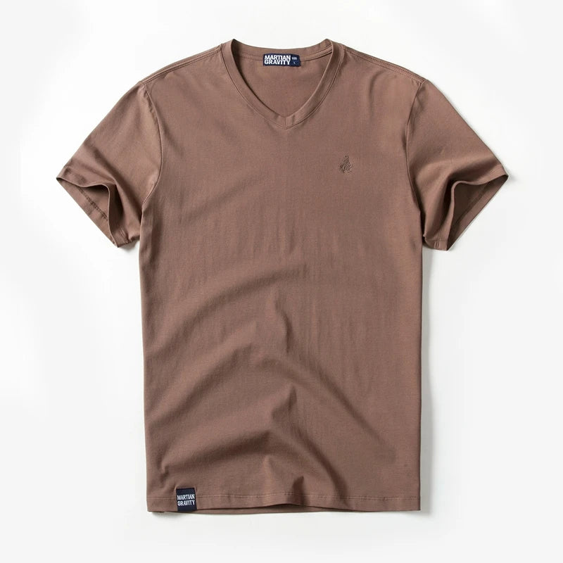 Männer T-Shirt aus einfarbigem Baumwollstoff mit V-Ausschnitt und kurzen Ärmeln