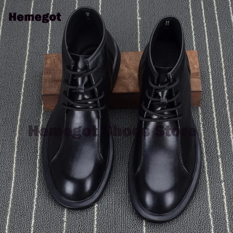 Men's Lace Up High Top Boots Soft Soled Soft Leather Breathable Durable Men's Leather Booties Cowhide Black Leather Men Shoes
