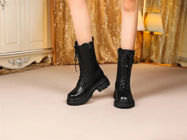 AIYUQI Women Boots Large Size Genuine Leather Thick Wool Warm Winter Biker Boots Women British Style Women Snow Boots