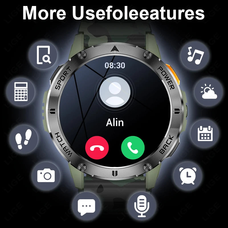 Männer Smartwatch im Militär-Stil mit 360x360 HD Bildschirm und Wasserdichtigkeit