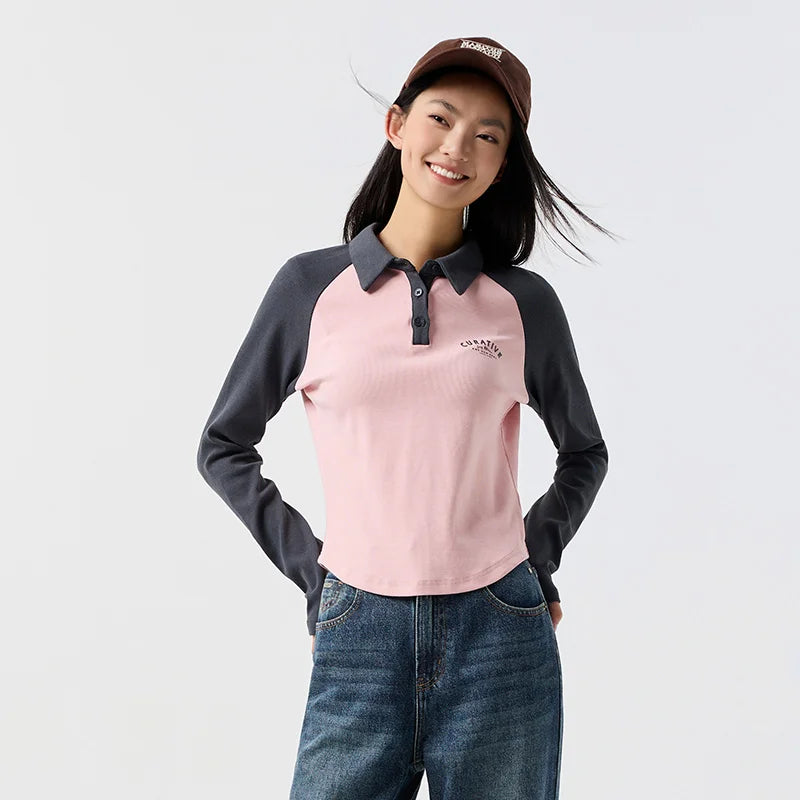 Semir Poloshirt für Damen, kurzer Stil, schmal, farbblockiert, Raglanärmel, 2024, Frühjahr, neues Oberteil mit Buchstabendruck