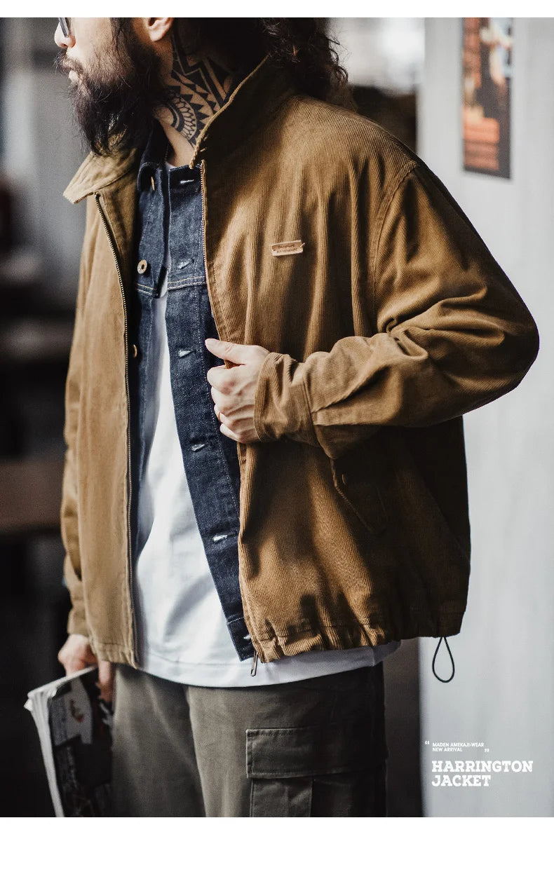Herren Retro Cord Jacke mit Stehkragen und lässigen Taschen für Herbst