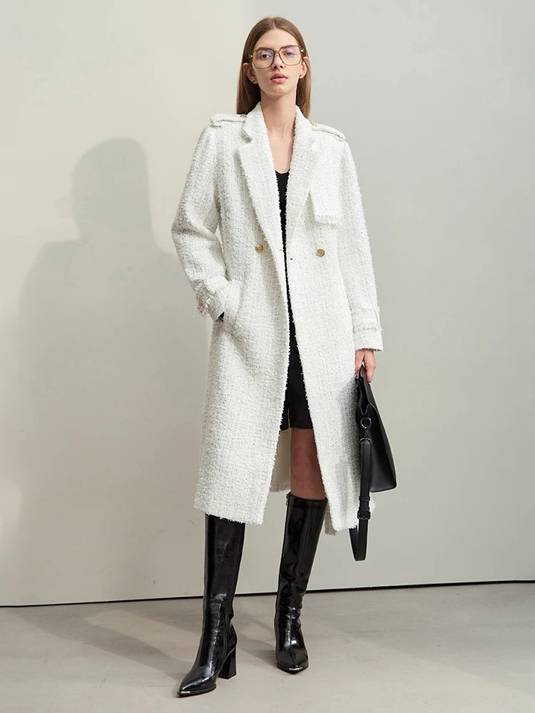 Damen Wollmantel im Winter mit Gürtel und trendigem Tweed-Stil