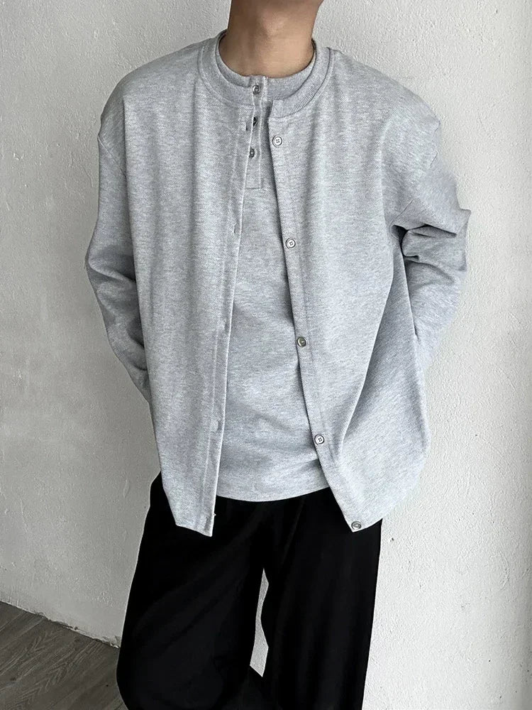 Herbst Vintage gefälschte zweiteilige Sweatshirts für Männer einfarbige Henley Neck Button Jacken koreanische Mode lose y2k Sudaderas